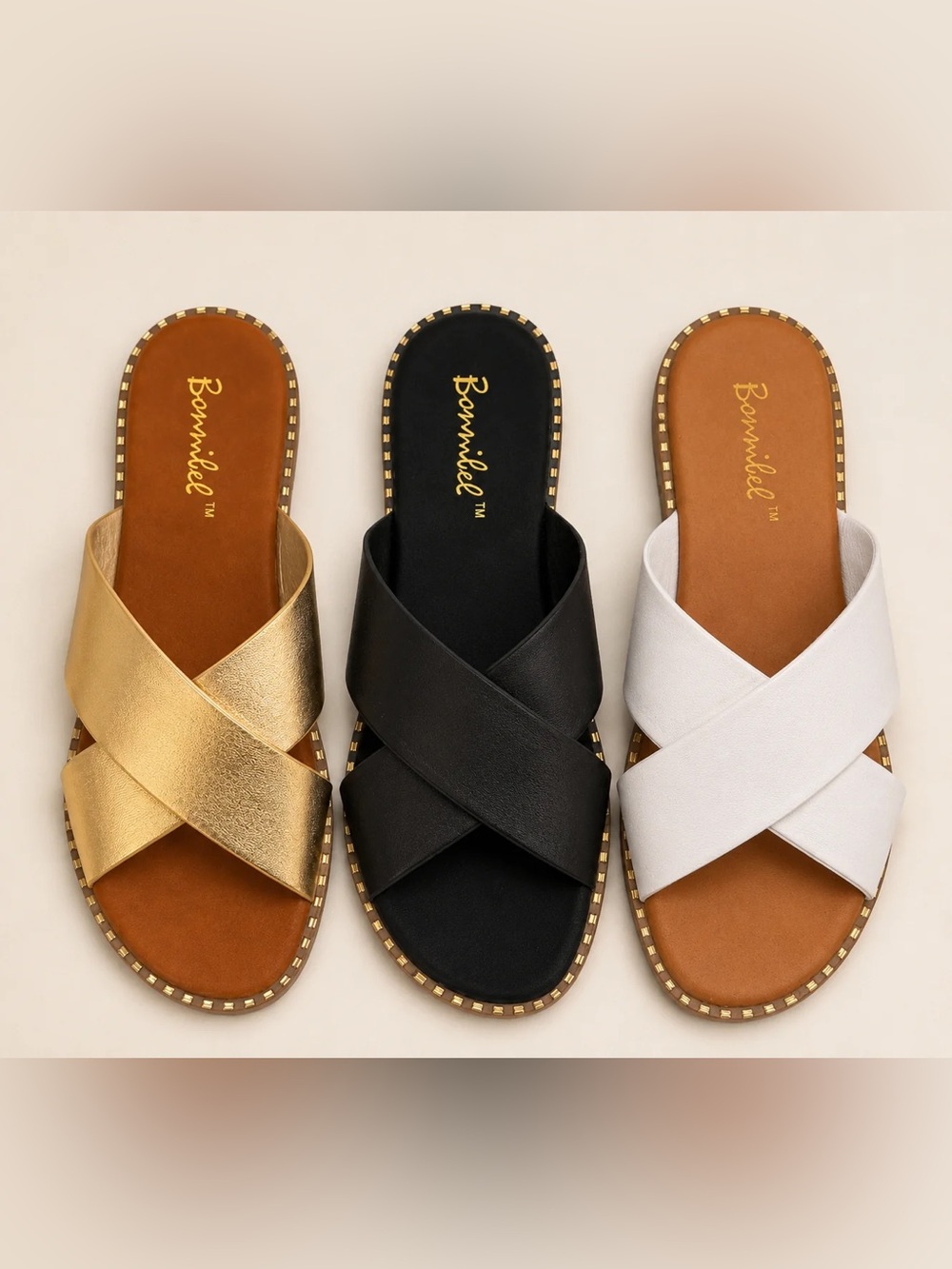 Bonniel gold black and white Micah cross cross slide sandals set of 3